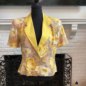 Vtg Italy floral dyed floral Flax linen rare statement yellow tan neutral blazer